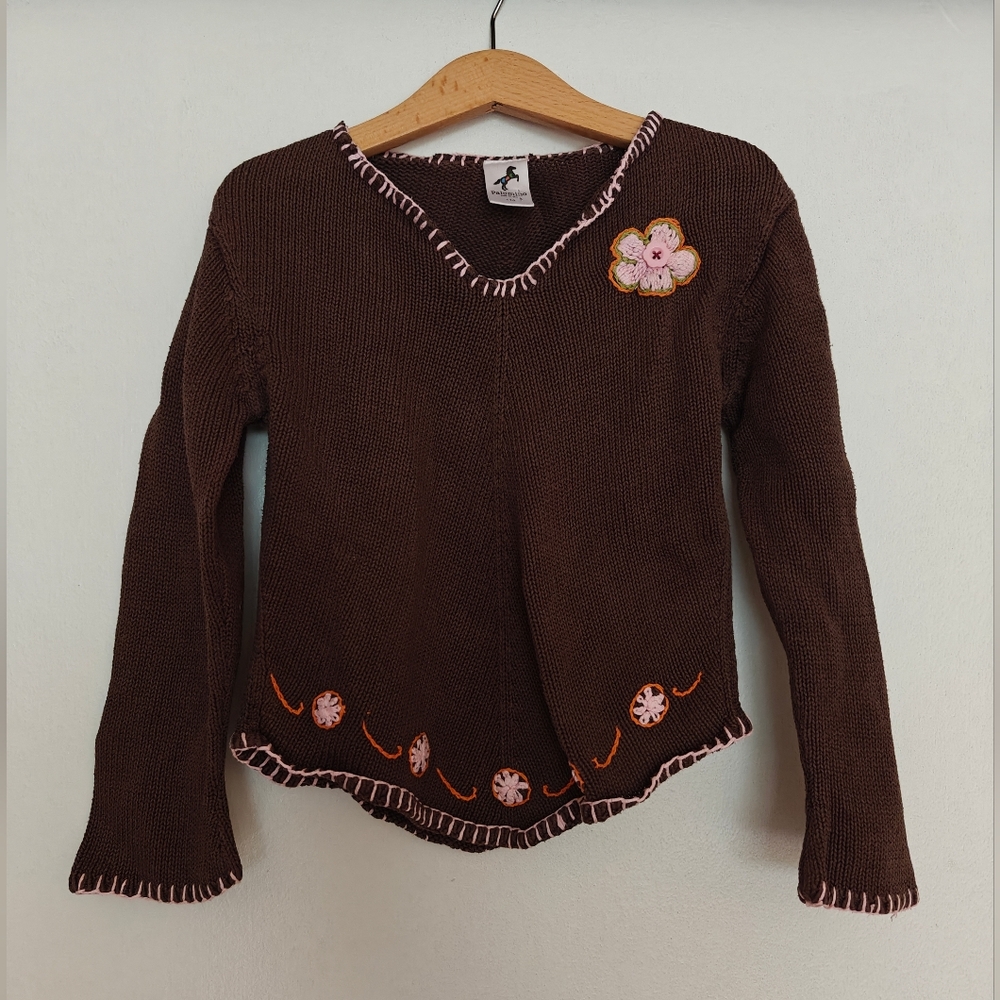 Palomino Knit Sweater Girls Size 5-6 Brown 100% Cotton Pink Flowers Warm Spring